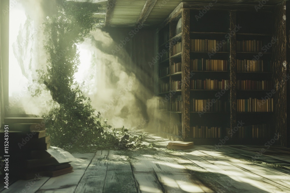 Poster A warm and inviting room with a bookshelf filled with books and a tree standing tall, perfect for reading and relaxation