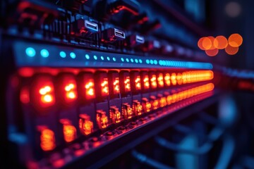 Close-up of lighting equipment on a rack