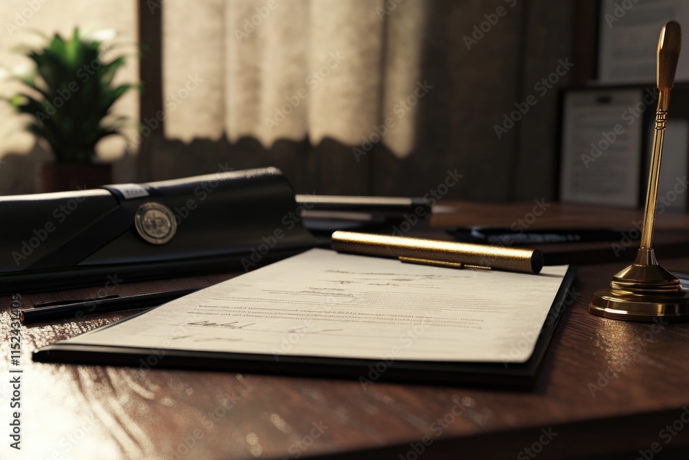 Poster a simple office desk setup with a pen and paper