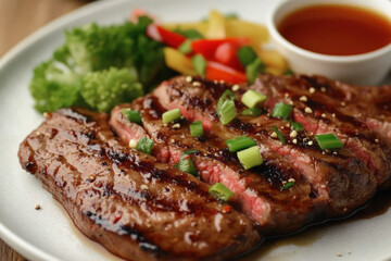 A sliced, grilled steak with vegetables and sauce on a white plate. Represents a delicious meal, fine dining, and culinary arts.