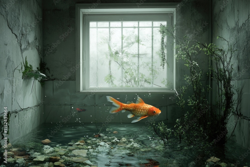 Poster a goldfish swims in a clear pool of water next to a sunny window