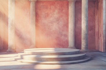 Sunlit circular stone podium with steps in ancient Roman-style interior.