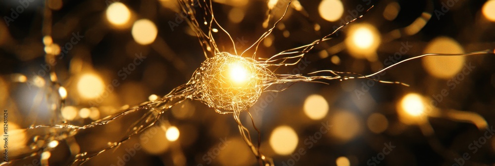 Poster bright neurons interconnected with glowing strands, representing brain activity and communication at