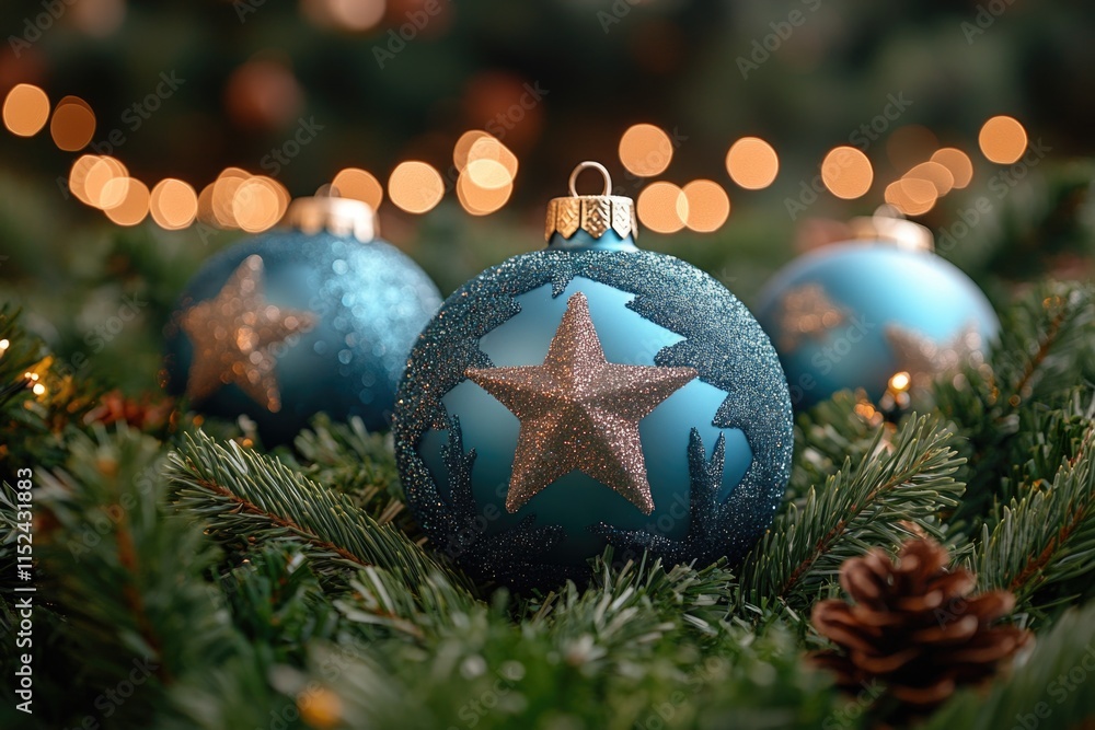 Poster a detailed view of a christmas ornament hanging from a decorated tree branch, ideal for use in holid