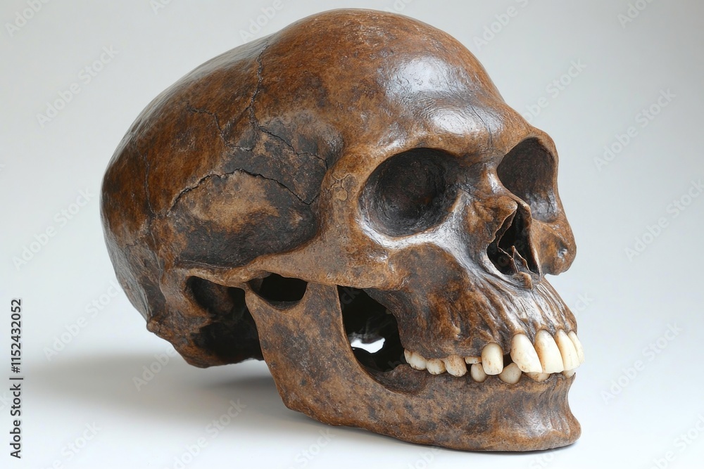 Poster a close-up shot of a human skull on a white surface, perfect for representing death or the afterlife