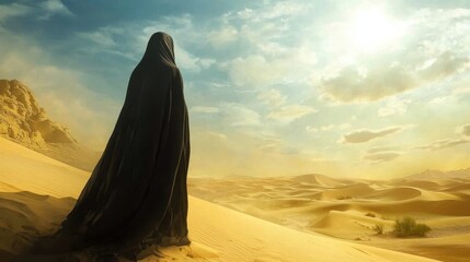 Woman in black veil stands in desert landscape stunning sunset serene atmosphere inspirational scene