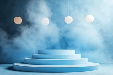Abstract blue smoky scene with a tiered cylindrical platform and hanging orbs.