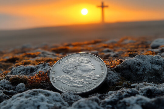 Amidst a tranquil landscape, a gleaming silver coin lies on rugged terrain. The warm glow of sunset illuminates the distant cross, creating a serene atmosphere perfect for reflection. Generative AI
