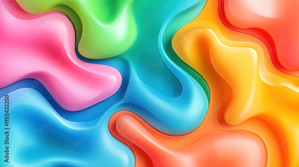 Poster bright colors and smooth shapes blend together, creating an energetic and lively abstract compositio