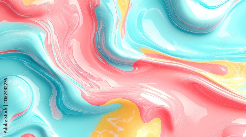 Poster flowing patterns of pink, blue, and yellow create a lively and colorful abstract design with smooth 