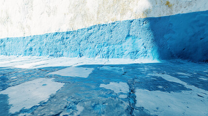 Rustic blue painted wall with visible wear and shadow play creating a textured and artistic minimalist architectural composition
