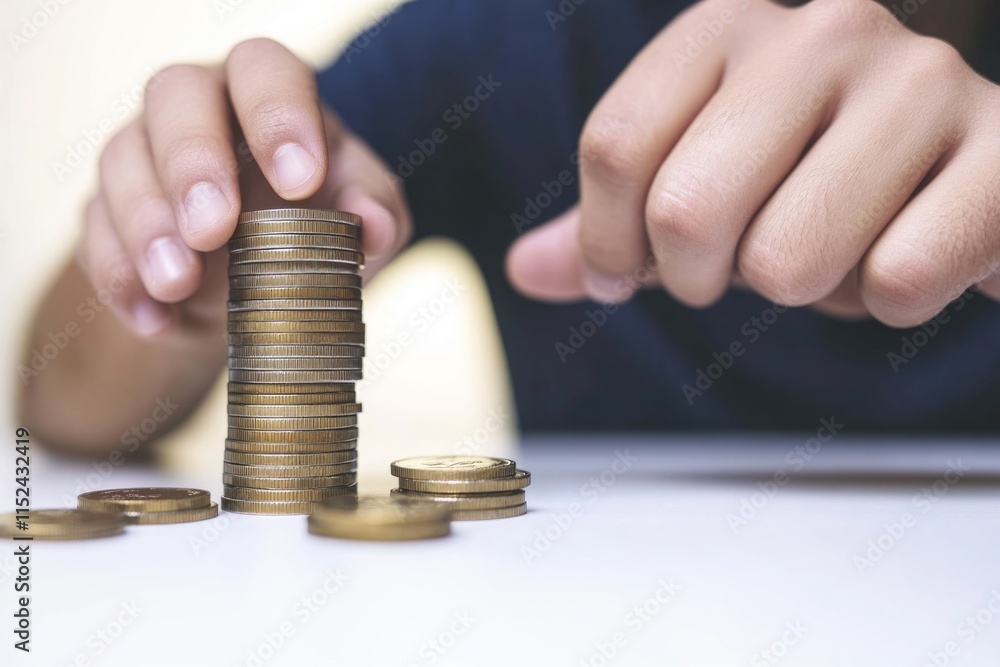 Poster a person adds a single coin to a growing stack of coins