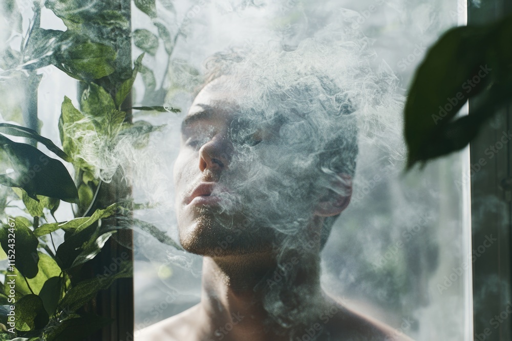 Poster a person puffs on a cigarette while standing in front of an open window, looking out at the scenery