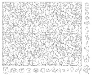 Find and color hidden objects in the picture. Bear group. Animal linear sketch vector illustration