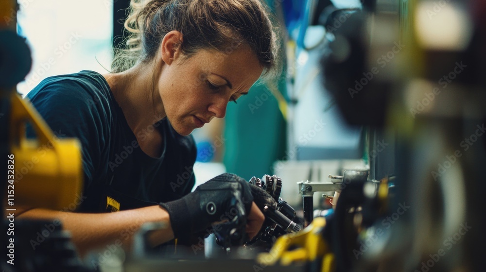 Poster a woman works on a machine in a factory setting, focusing on her task