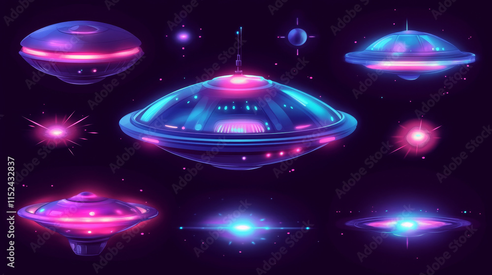 Poster flying ufo saucer animation sprite sheet effect. alien spaceship sequence frame, unidentified flying