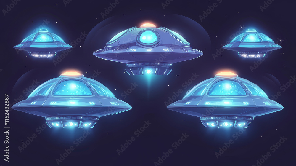 Poster flying ufo saucer animation sprite sheet effect. alien spaceship sequence frame, unidentified flying