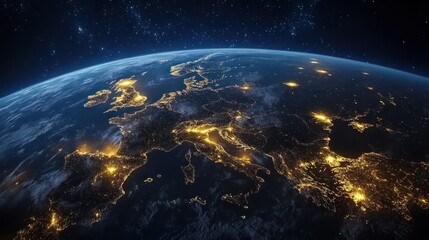 Night view of Europe from space, showing city lights.