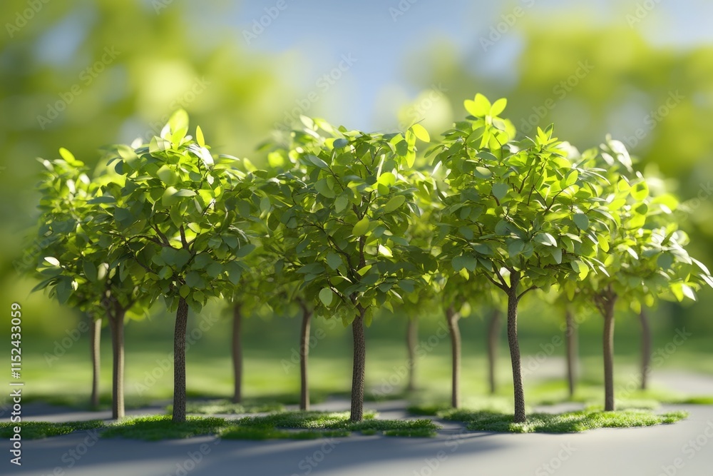 Poster a row of small trees in a peaceful park environment