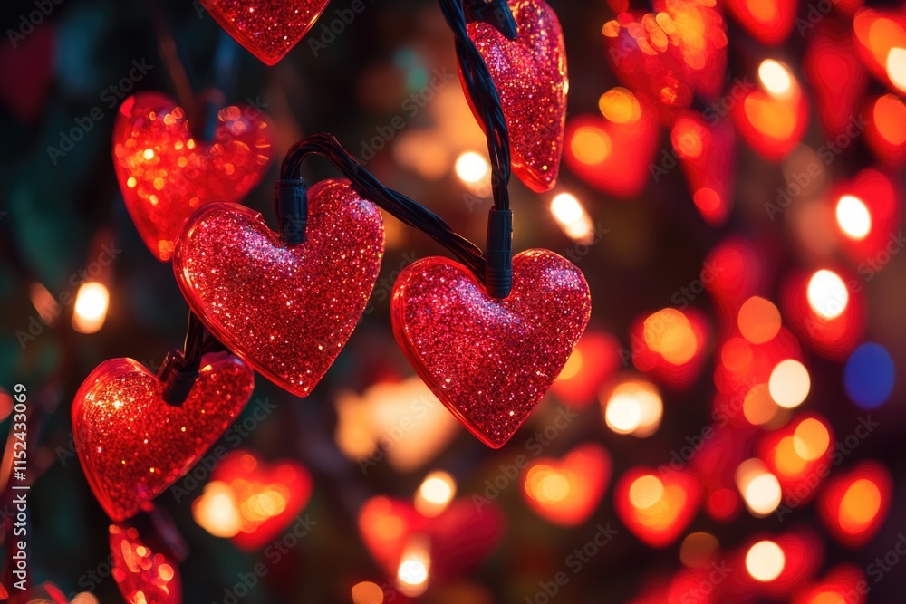 Poster a collection of bright red hearts suspended from a string