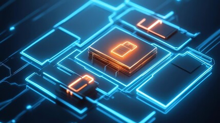 Neon glowing data matrix with locked medical files, representing advanced protections
