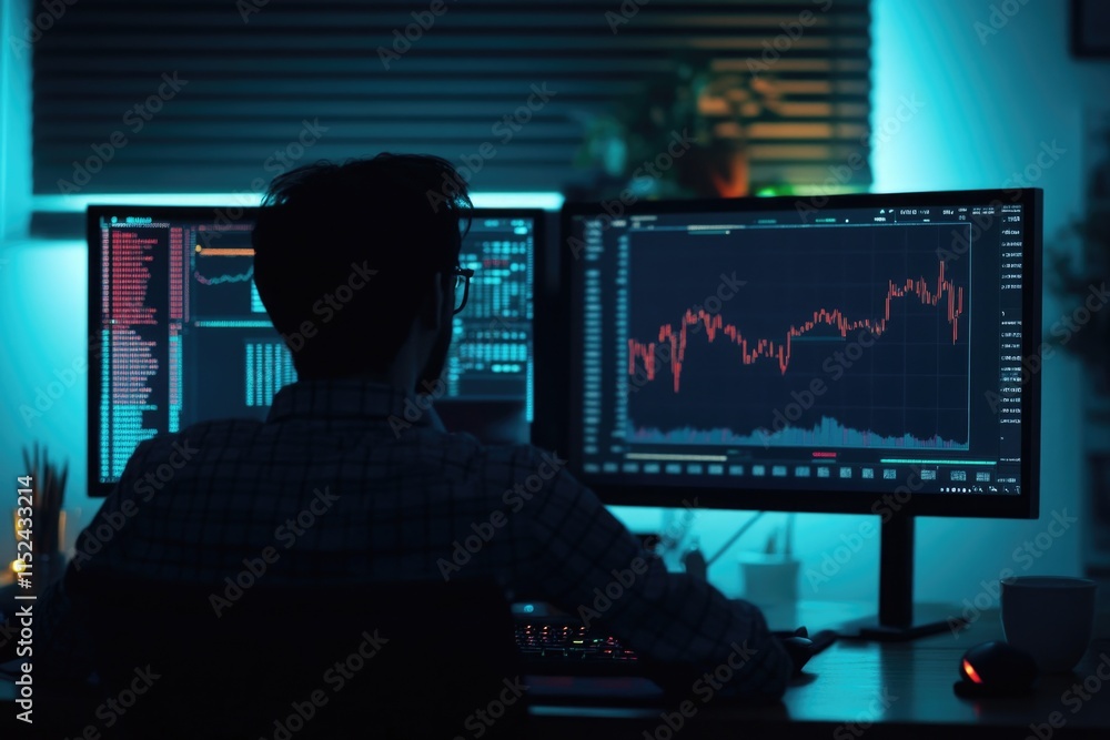 Poster a person sits in front of a computer screen with a focused expression
