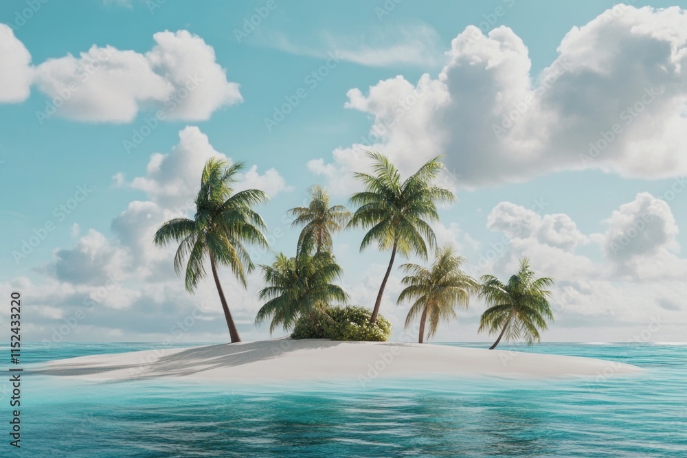 Poster a small island with palm trees surrounded by open water, perfect for beach and travel images