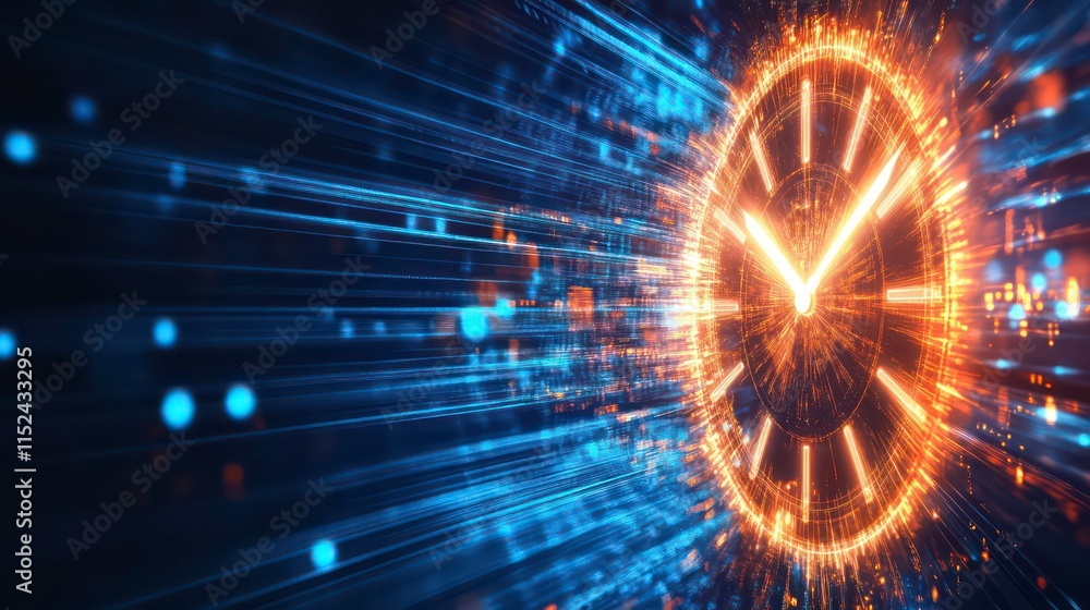 Poster dynamic clock face with radiant speed light trails with concept of time travel speeding up
