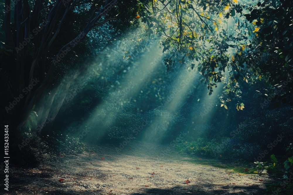 Poster sunlit forest path with dappled shadows