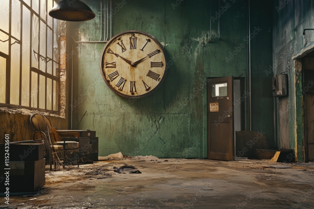 Poster A large clock hangs on the side of a wall, providing a clear view of its face and hands