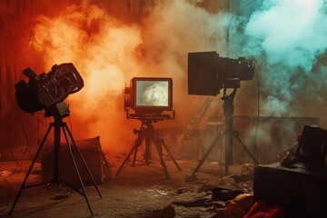 Fototapeta premium A room with two TVs and a camera set up for recording or gaming