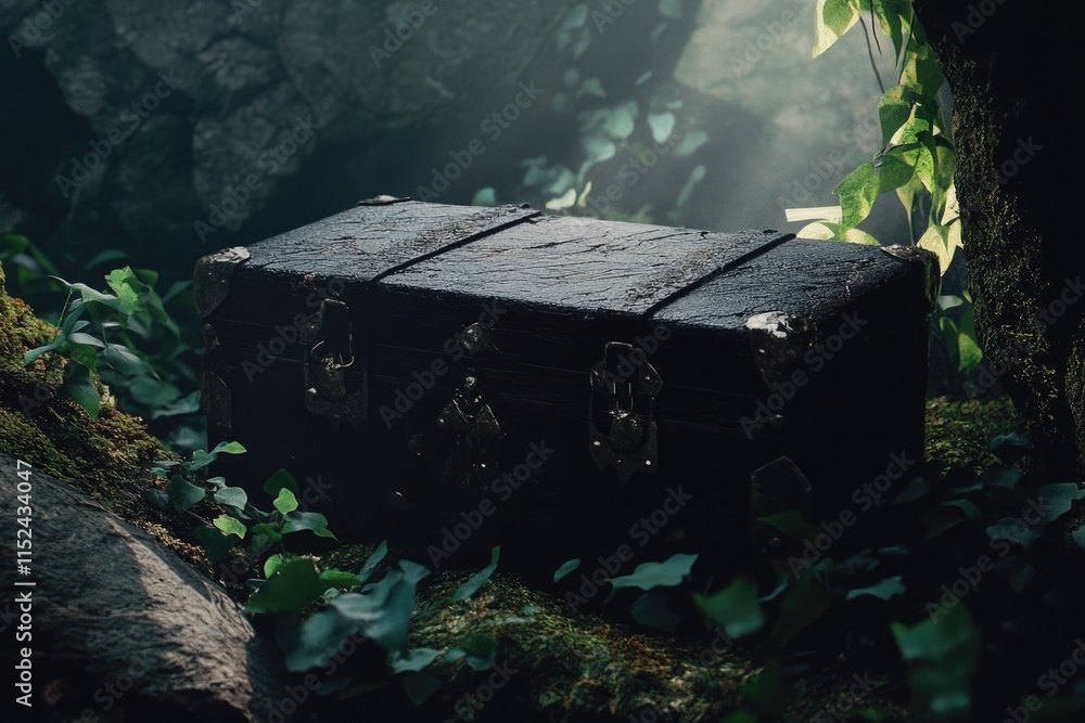 Poster A single tree trunk standing in the midst of a dense forest, surrounded by foliage and shadows