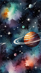 Naklejka premium Artistic space scene with a ringed planet, stars, and vibrant galaxy hues