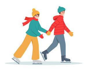 Fototapeta premium Boy and girl in warm clothes skating on ice. Happy couple of young people on skating rink in winter. Snowy winter season outdoor activity. Vector illustration isolated on white background.