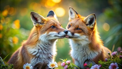 Fototapeta premium Romantic fox couple in nature, tender affection.