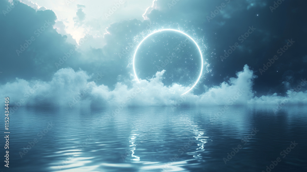 Poster circle frame with smoke and flying particles on water surface. round white glowing border among soft