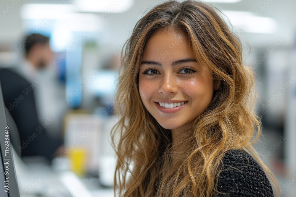 Poster a woman sitting in front of a computer monitor, smiling