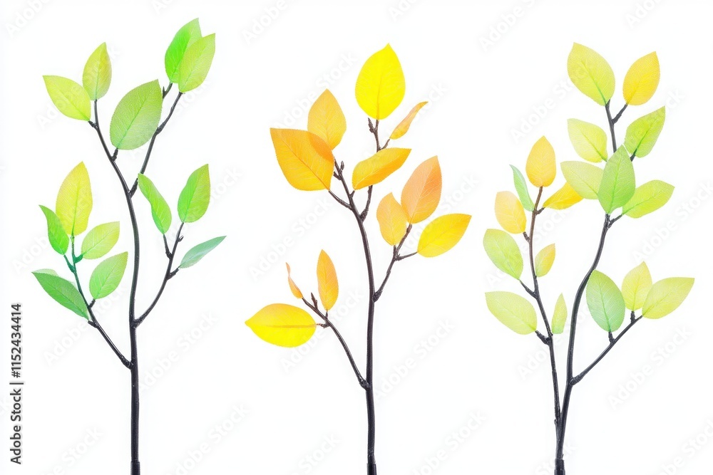 Poster a cluster of four colorful leaves on a plain white background, suitable for nature-inspired designs 