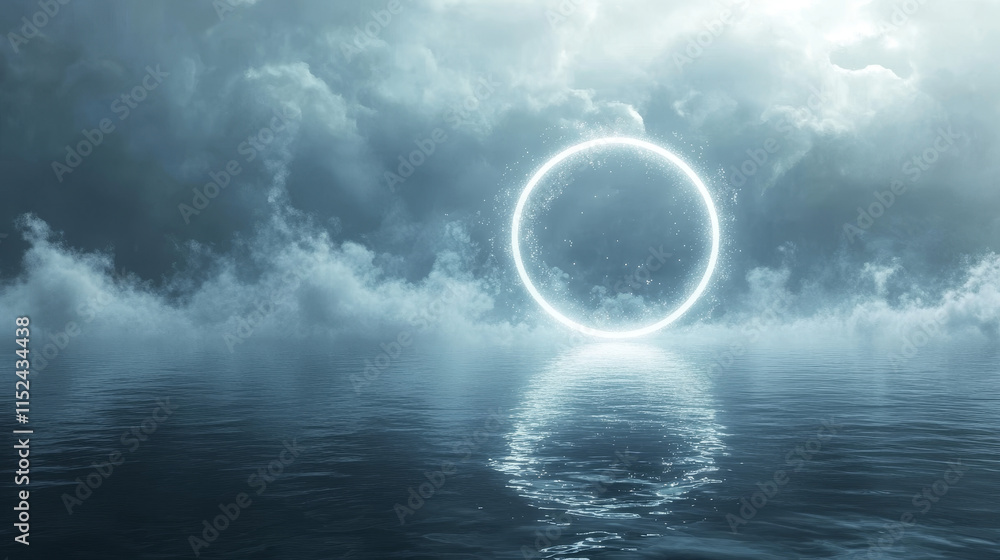 Poster circle frame with smoke and flying particles on water surface. round white glowing border among soft