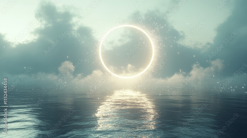 Poster circle frame with smoke and flying particles on water surface. round white glowing border among soft