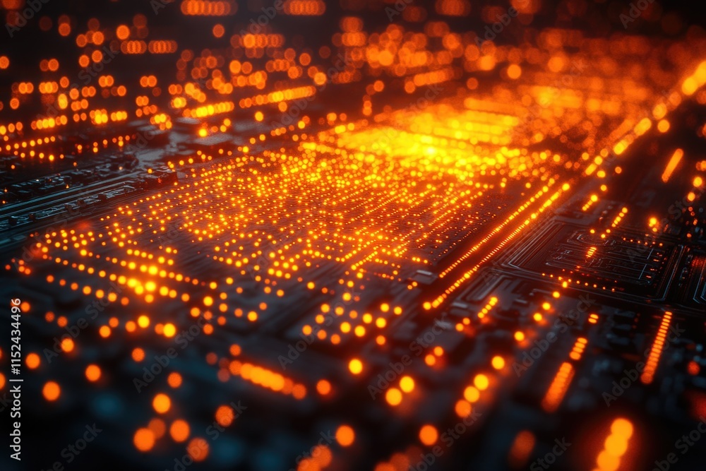 Poster a close-up shot of a computer circuit board with various components and wires