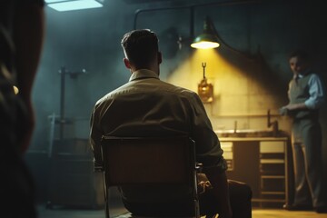 Obraz premium A person sitting in a chair in a dimly lit room, possible contemplation or introspection