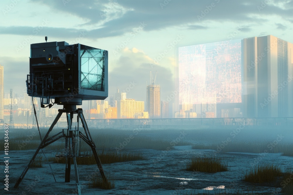 Poster a camera mounted on a tripod captures a city view, suitable for use in travel or urban planning cont