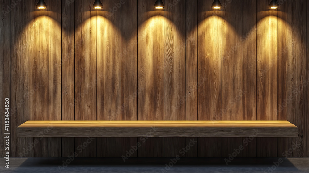 Poster wall with shelf and spot light lamp for product display. realistic vector illustration of empty plat