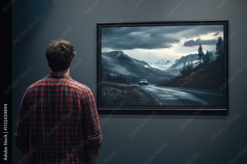 Poster a person standing in front of a large picture of mountains, possibly admiring the scenery