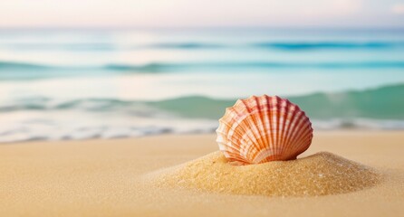 Summer background with seashell on soft sand, surrounded by gentle waves of a clear blue ocean under a bright sky. Serene beach banner for advertising, tourism. Space for text