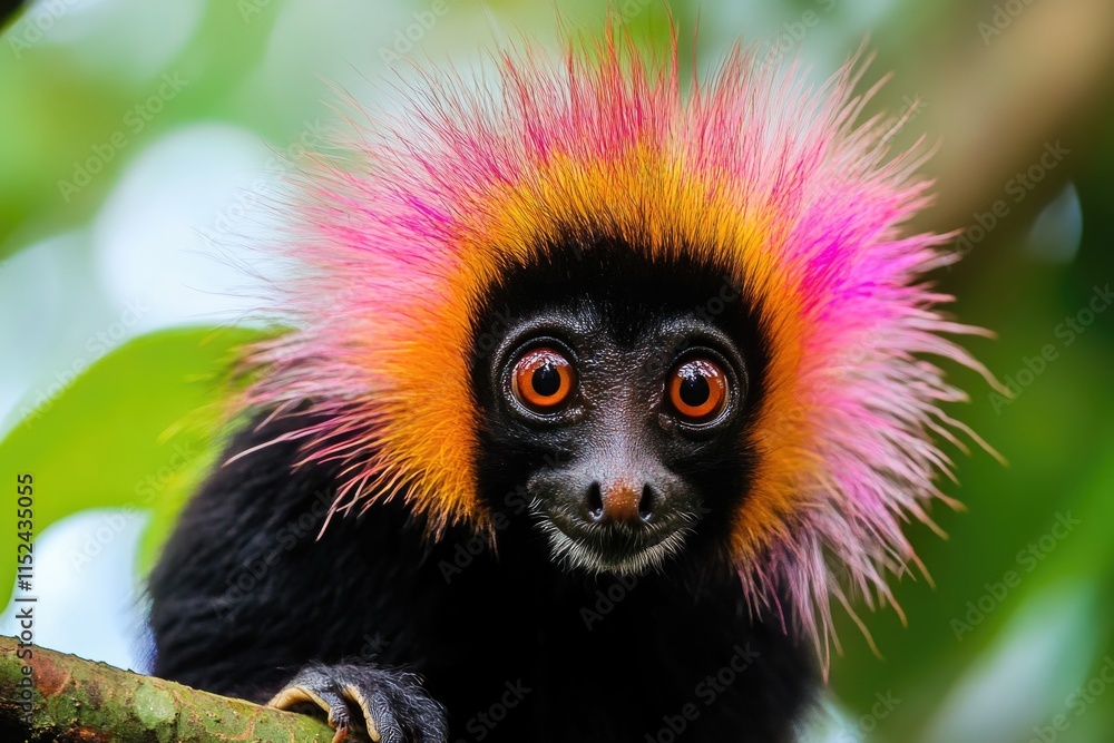 Poster a curious monkey sits atop a tree branch, surrounded by lush foliage