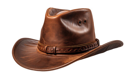 Stylish leather cowboy hat, combining functionality with a rugged and iconic western aesthetic, studio view, isolated on transparent background.
