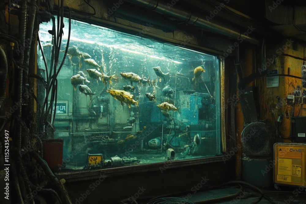 Poster A close-up view of a fish tank placed next to a window, showing a variety of fish swimming inside