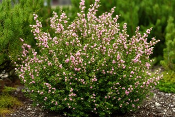Obraz premium A bush with pink flowers in a garden setting, suitable for use in lifestyle and nature photography